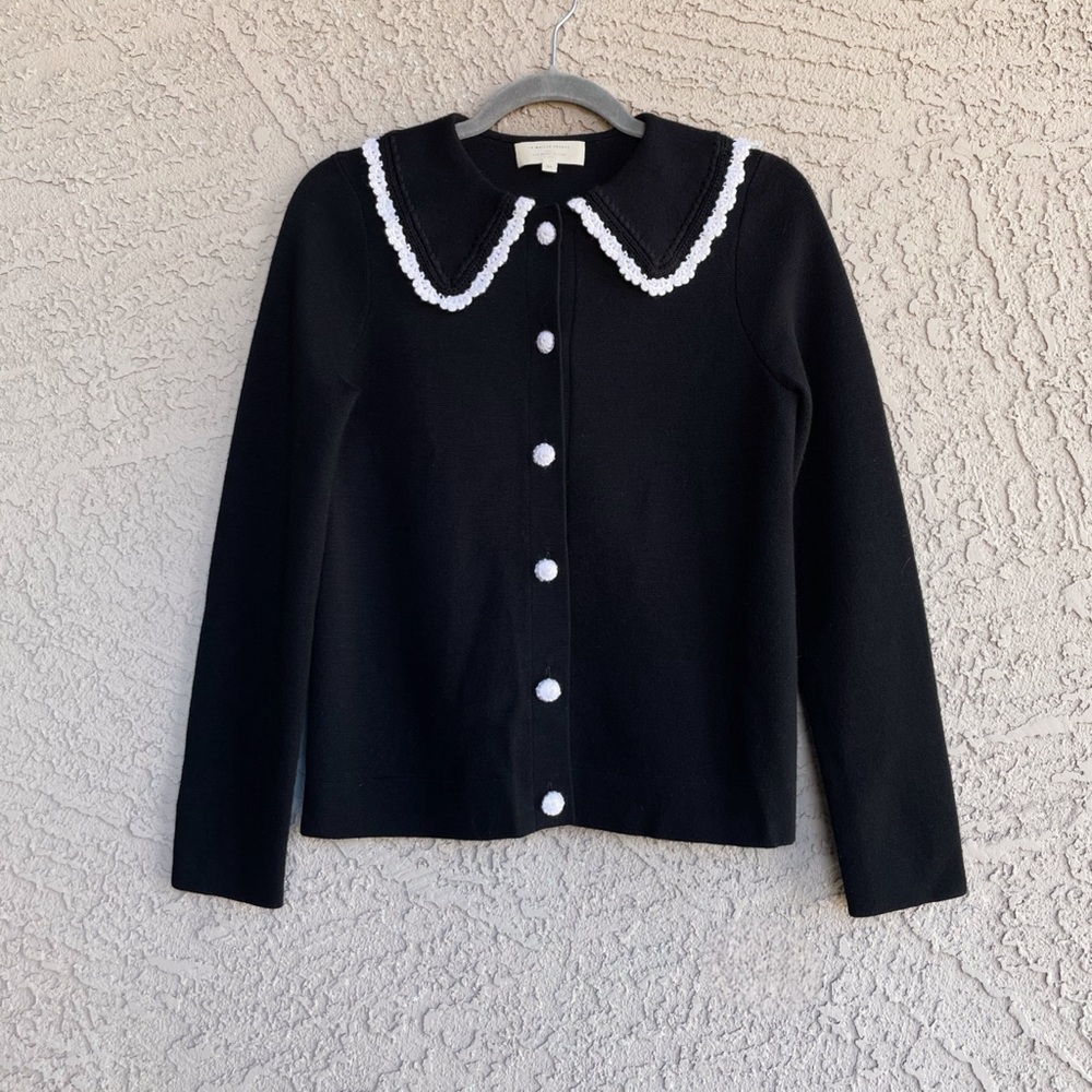 SEZANE BLOGGER Black White Fine Knit Bettany Cardigan Crochet Collared Sweater - Picture 2 of 16